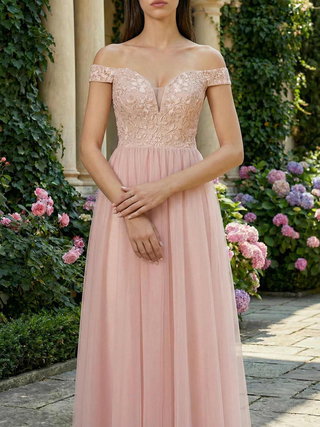 Refined Lace Appliques Off-Shoulder Dress