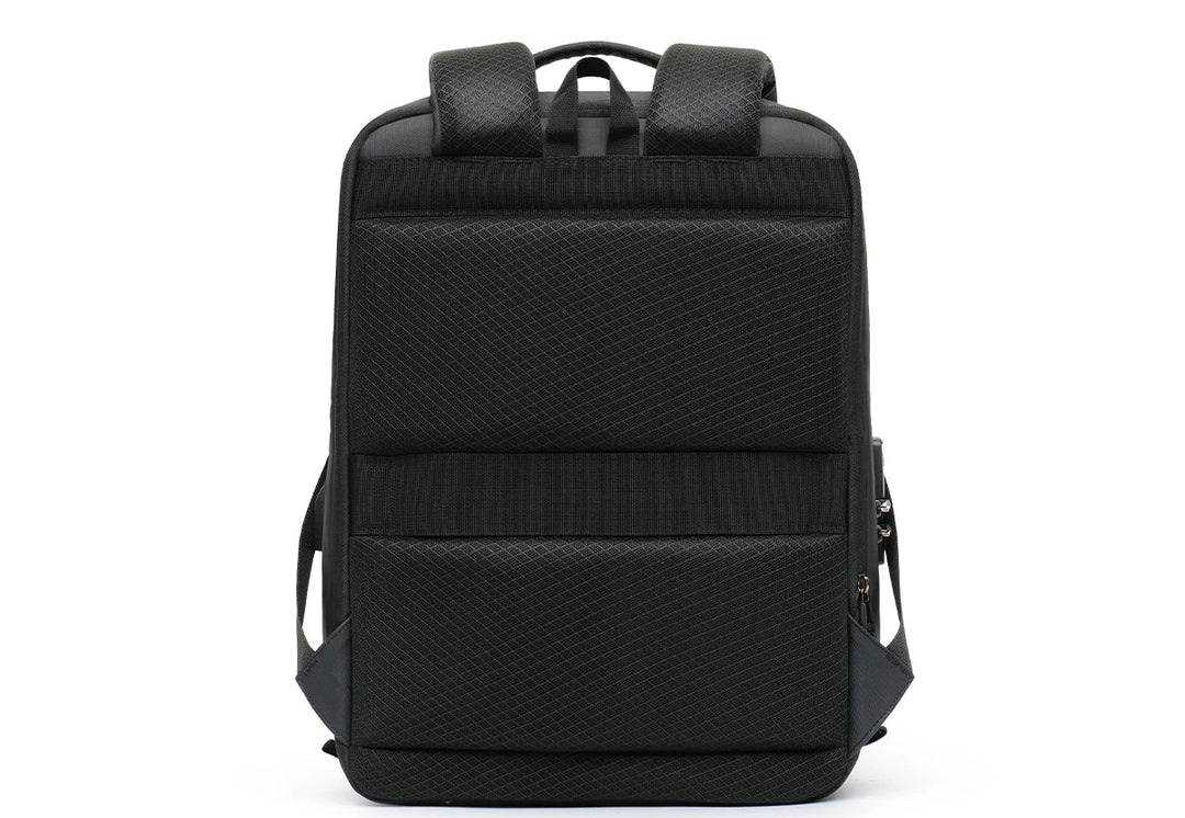 Hard shell expandable backpack, front view in black with top handle and straps