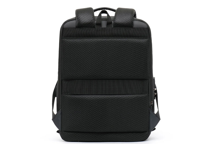 Hard shell expandable backpack, front view in black with top handle and straps