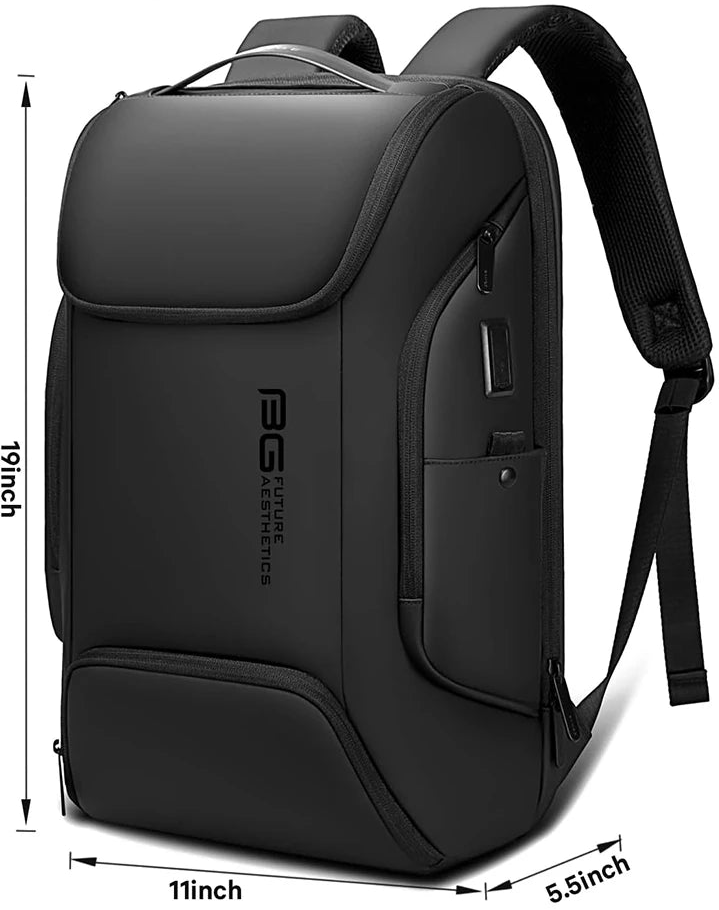 Black waterproof business backpack with external USB charging port and built-in cable