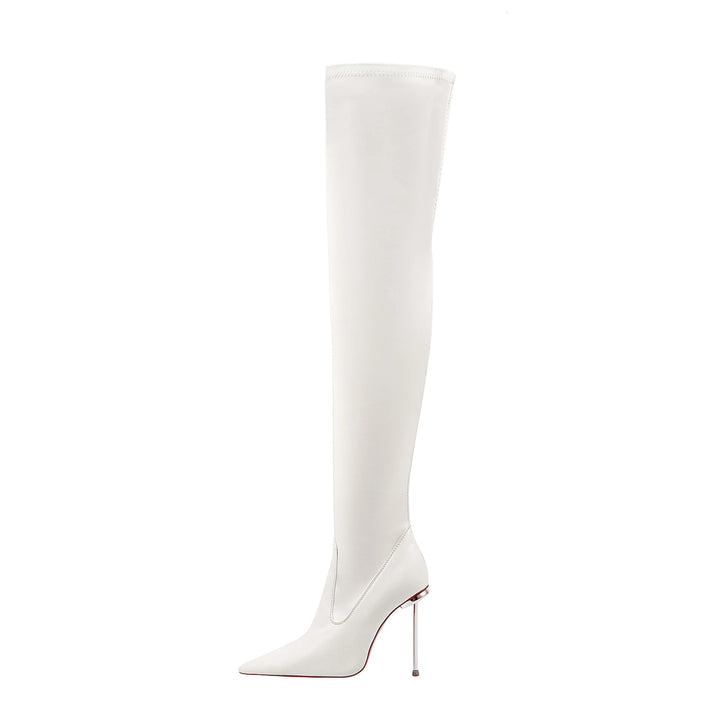 White over-the-knee women’s heel boots with pointed toe and stiletto heel