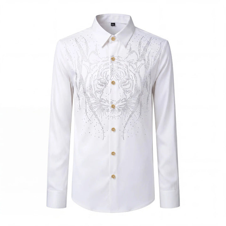 White slim-fit men’s dress shirt with rhinestone scroll pattern and gold button front.
