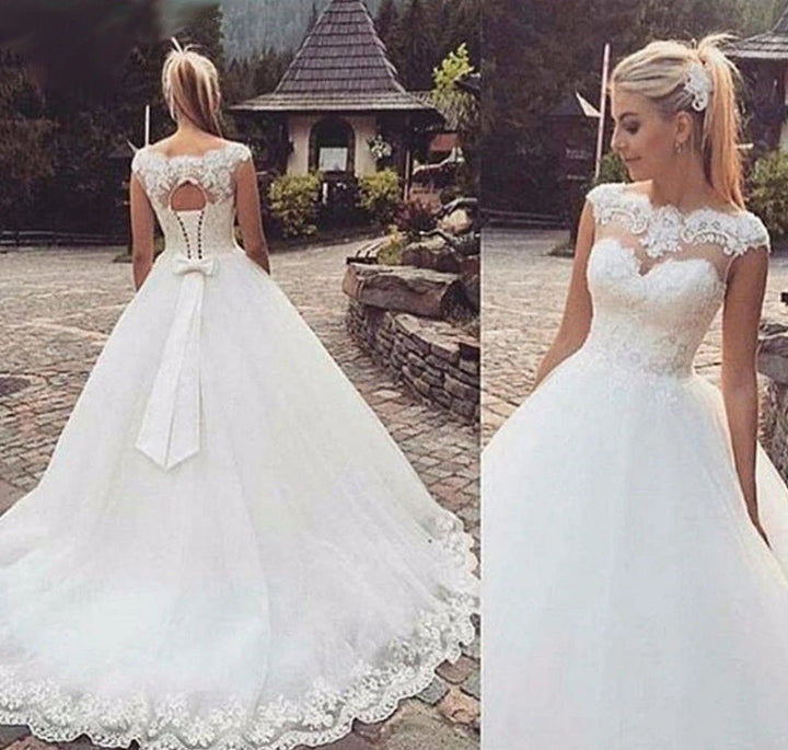 White wedding dress with lace details and open back, shown from front and back angles.