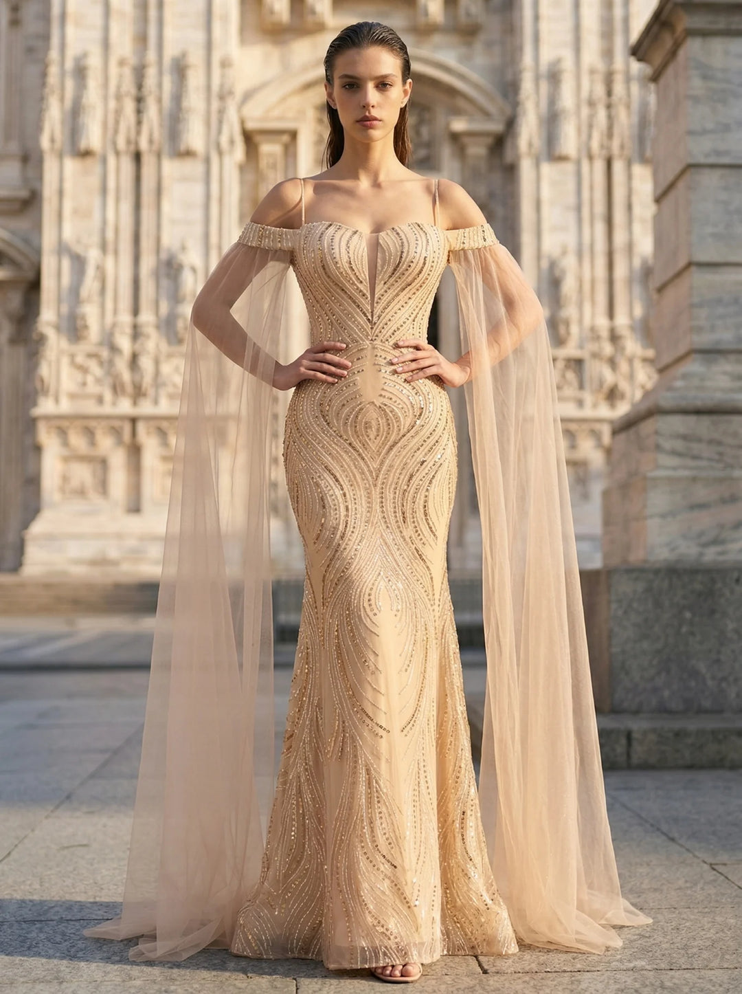 Glamorous Sheer Cape Prom Dress