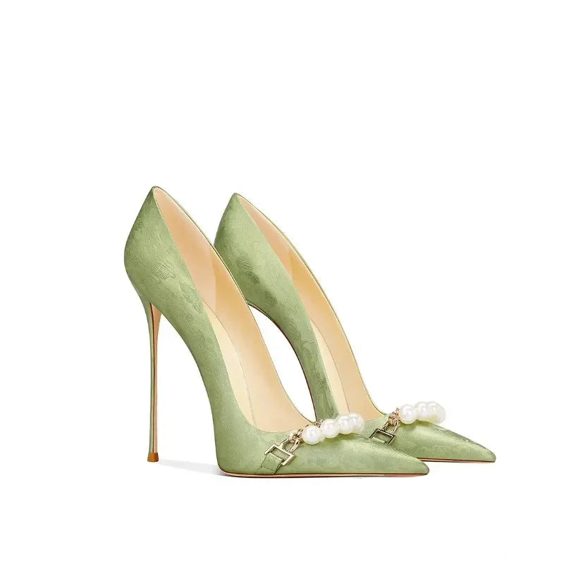 Beautiful Grass Green Satin High Heels