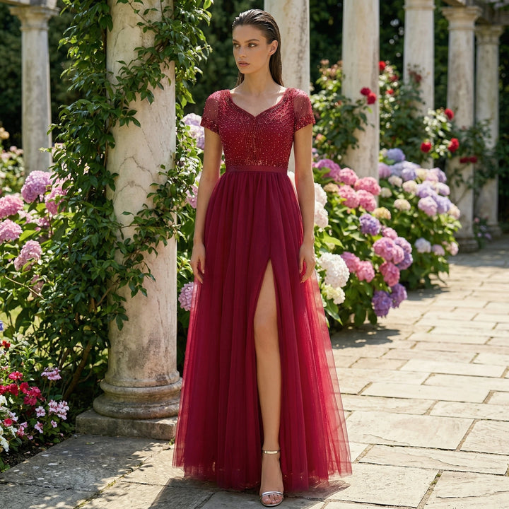 Lovely Beaded High Slit Prom Dress