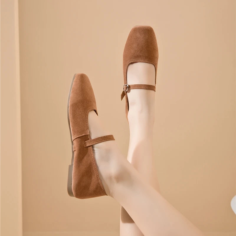 Brown suede flat shoes with tall instep strap and side buckle