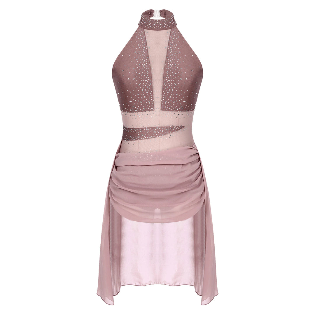 Dusty pink mesh ballet dress with rhinestone sparkle bodice and draped skirt