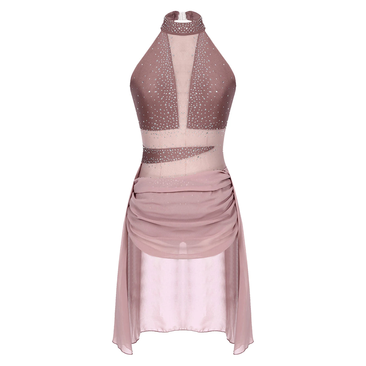 Dusty pink mesh ballet dress with rhinestone sparkle bodice and draped skirt