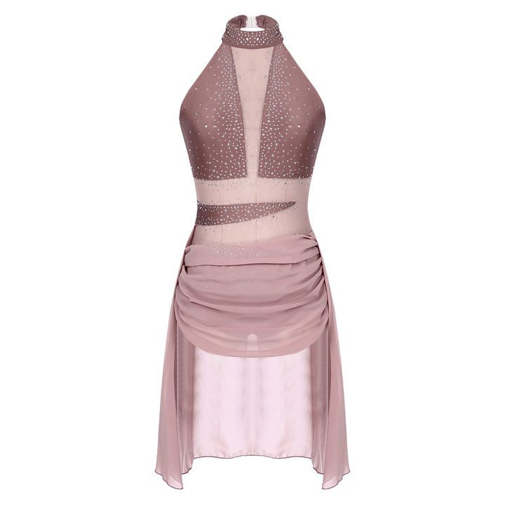 Dusty pink mesh ballet dress with rhinestone sparkle bodice and draped skirt