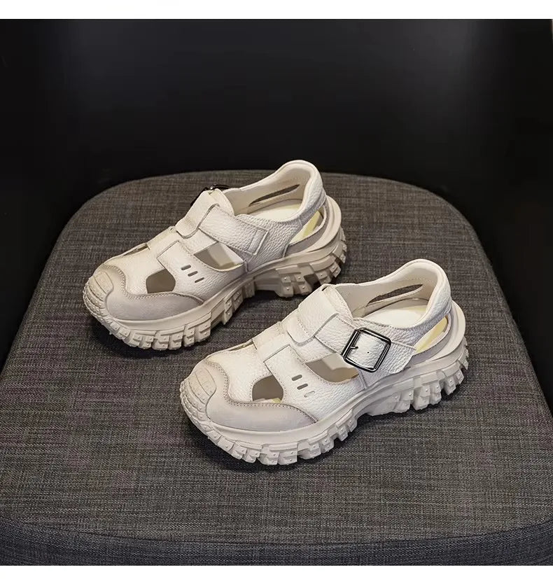 Women’s chunky sandals, light beige, two straps with square buckle and chunky tread sole