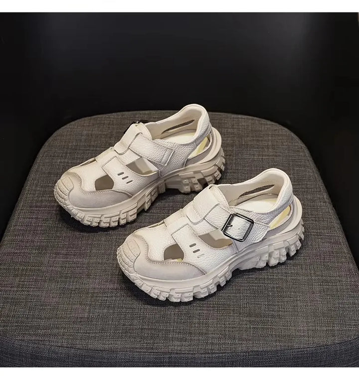 Women’s chunky sandals, light beige, two straps with square buckle and chunky tread sole