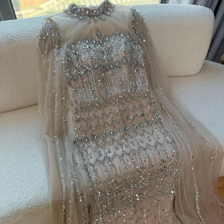Wonderful Beaded Cape Sleeves Formal Occasion Gown