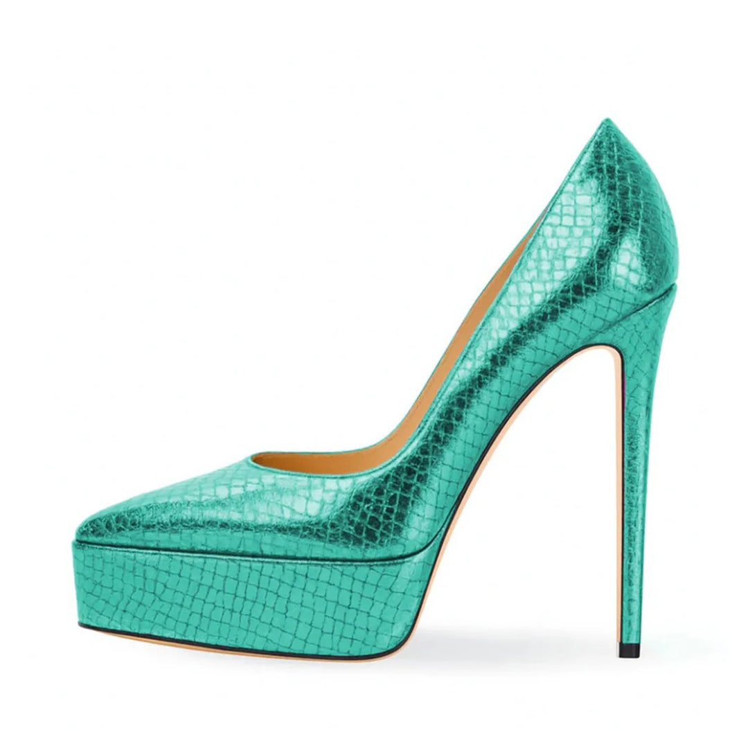 Teal textured leather high-heel pump with platform, pointed toe, and slim stiletto heel