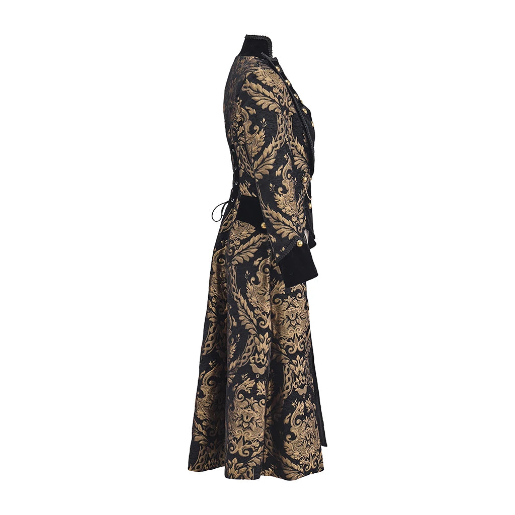 Women’s steampunk tailcoat profile view, black and gold baroque fabric with corset panel