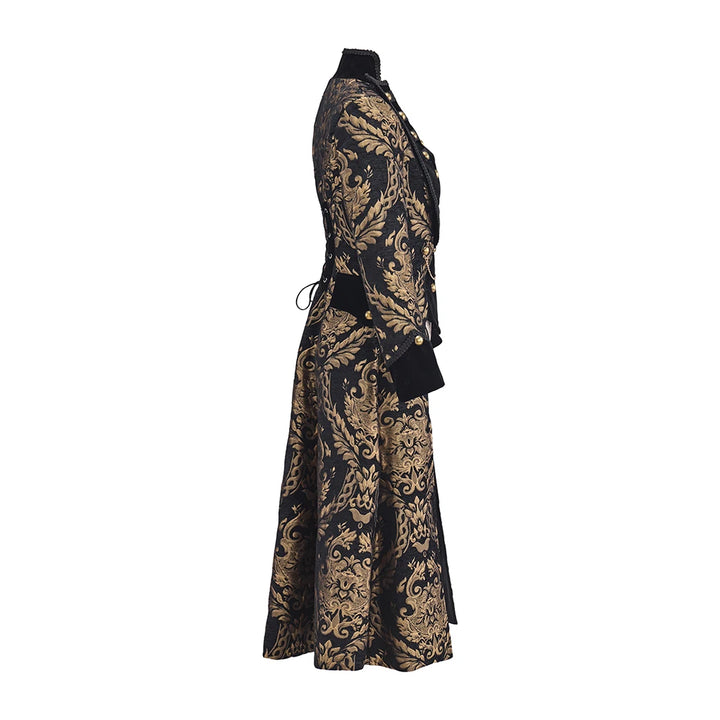 Women’s steampunk tailcoat profile view, black and gold baroque fabric with corset panel