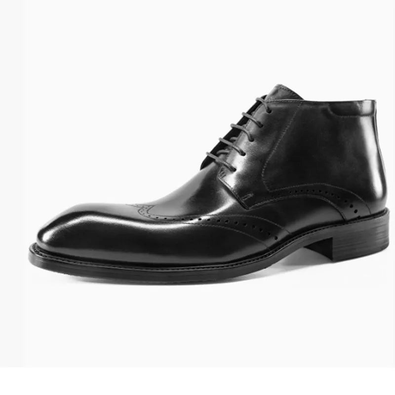 Black lace-up brogue ankle boots with wingtip detailing and low stacked heel