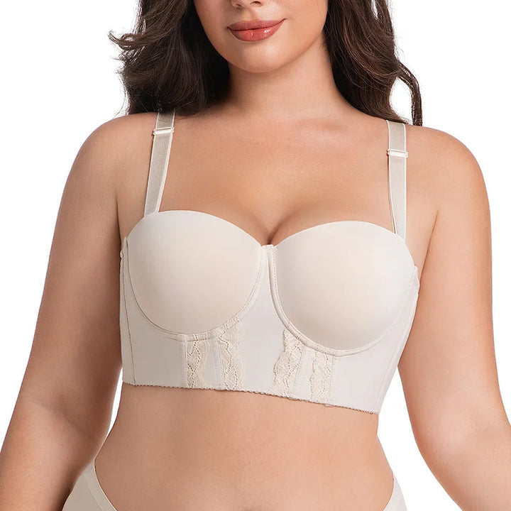 Seamless plus size underwire bra, beige front with underwire cups and adjustable straps