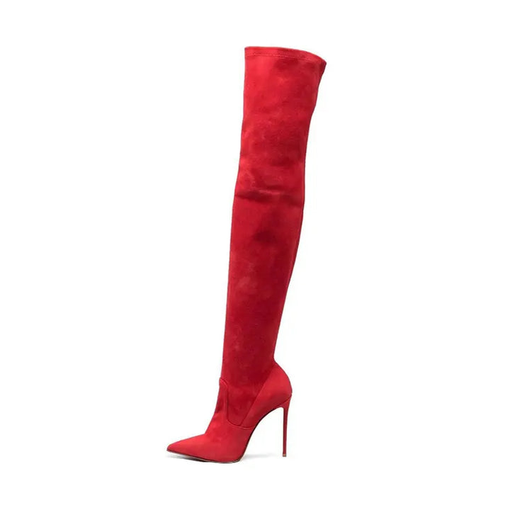 Red knee-high boots with pointed toe and skinny stiletto heel, side view