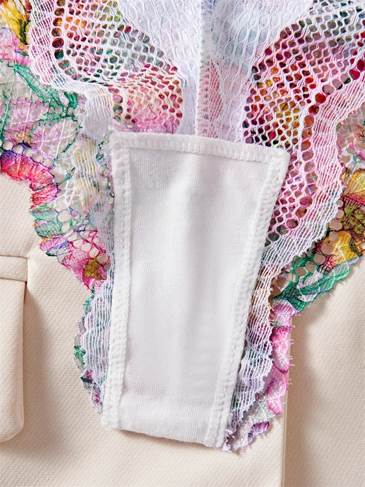 Sweet Floral Print Mesh Bra Set