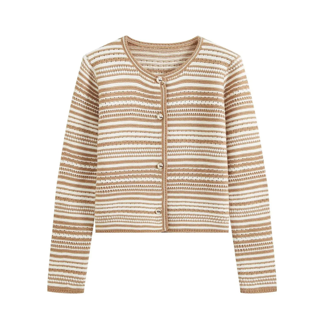 Beige and brown striped knit cardigan with button front and ribbed crew neckline