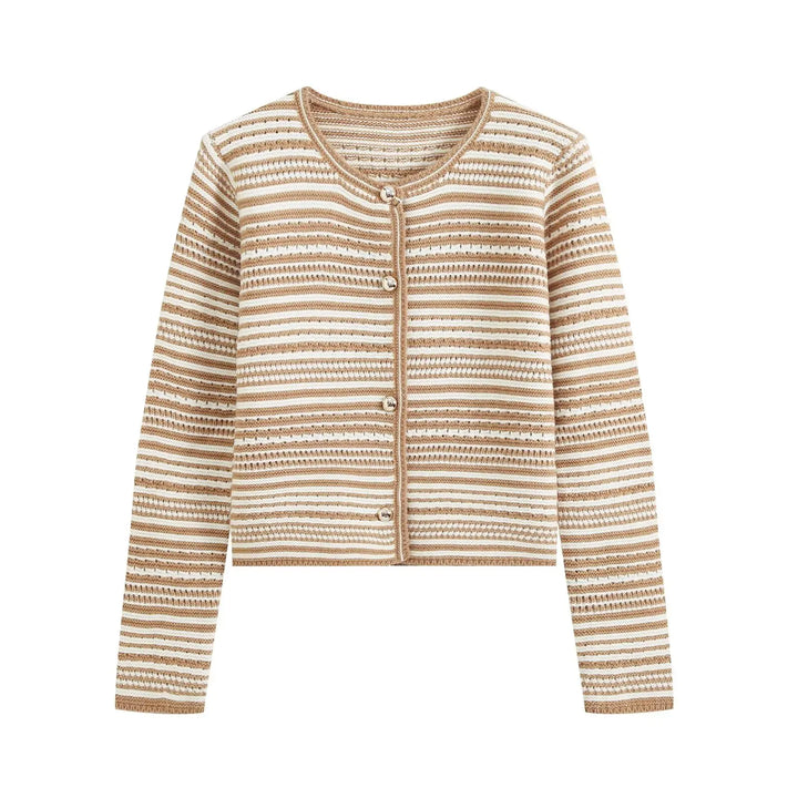 Beige and brown striped knit cardigan with button front and ribbed crew neckline