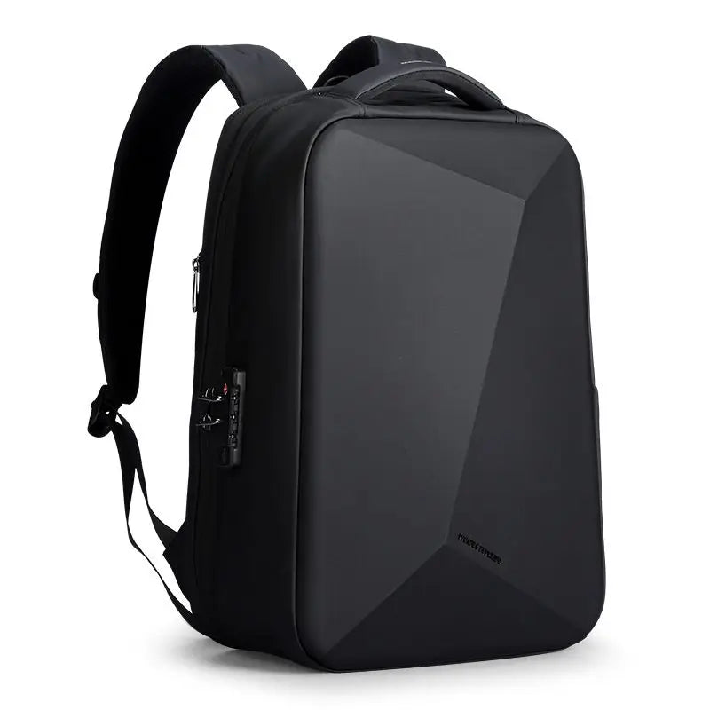 Black backpack with shoulder straps and side zipper pocket, angled front view