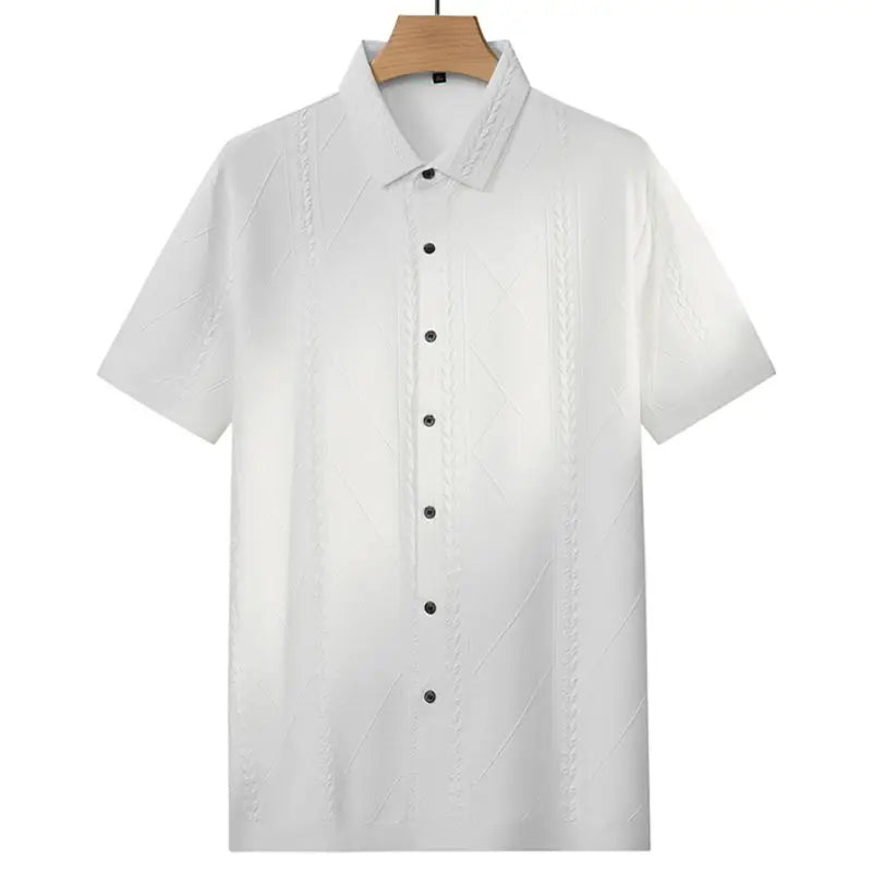 White loose-fit short-sleeve button-up shirt with textured argyle diamond pattern