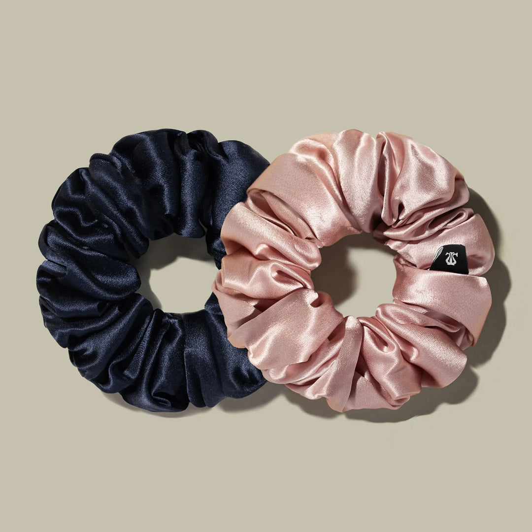Navy blue and blush pink satin scrunchie ponytail hair bands with gathered elastic