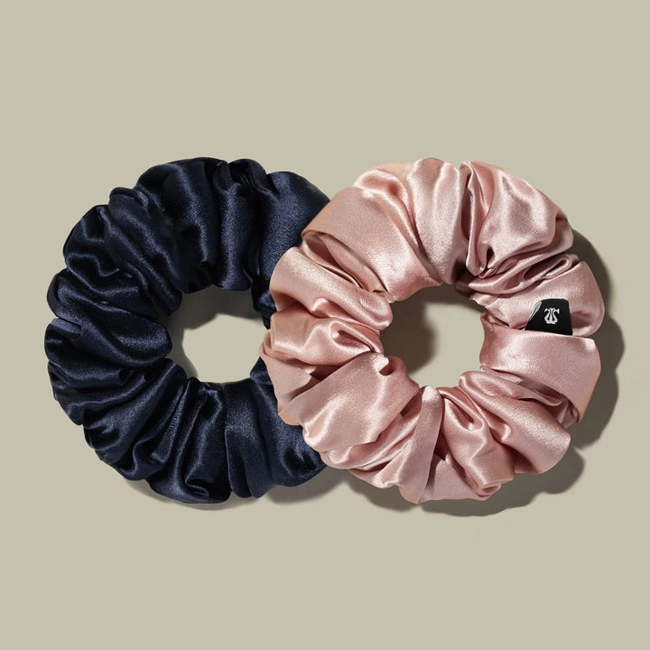 Navy blue and blush pink satin scrunchie ponytail hair bands with gathered elastic