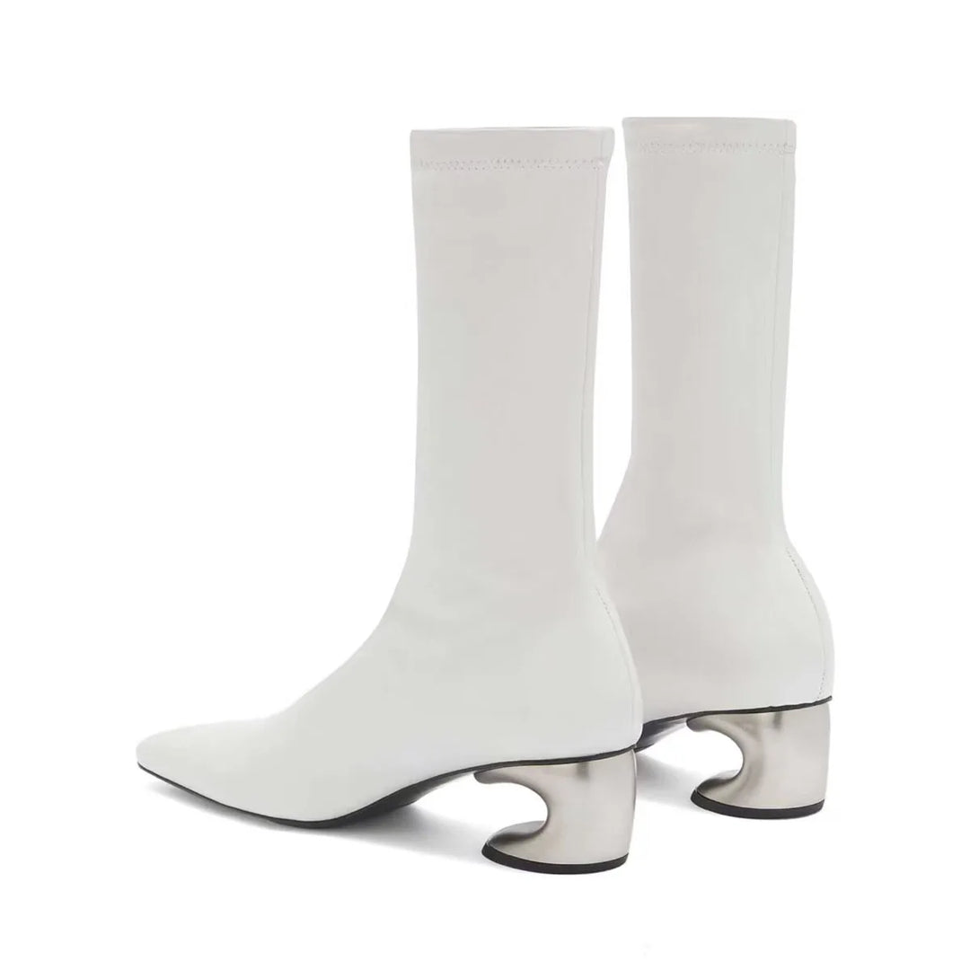 White square-toe ankle boots with mid block heel and sculpted metal-look detail