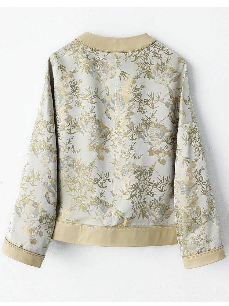 Cream women’s coat with botanical print back and stand collar