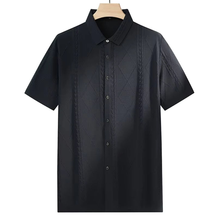 Dark blue loose-fit short-sleeve button-up shirt with embossed argyle diamond pattern