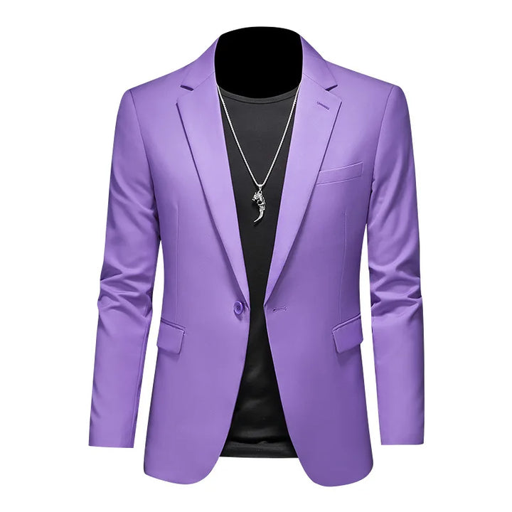 Violet single-breasted slim-fit blazer with notch lapel, button closure, flap pockets