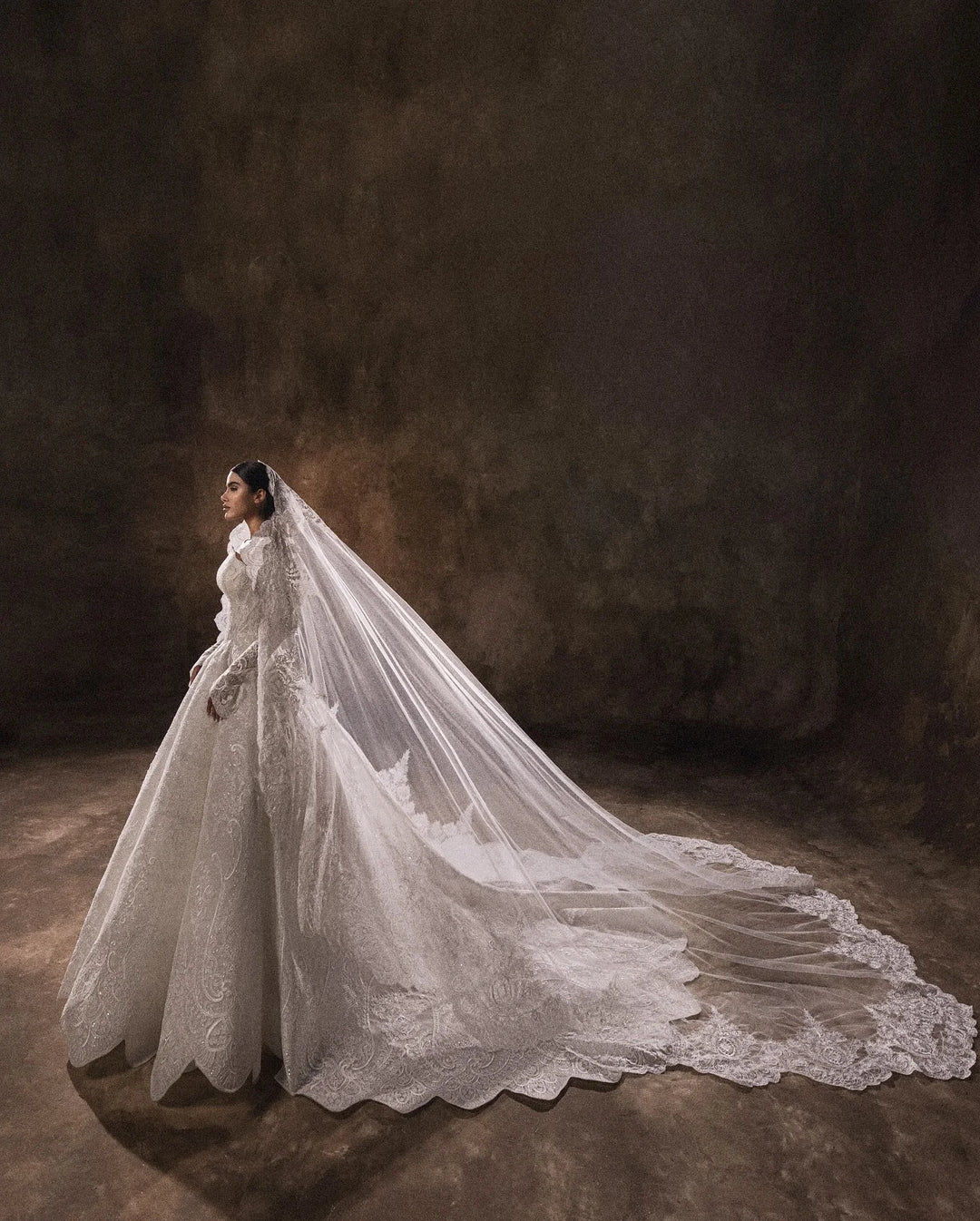 White lace bridal gown with long train and veil, wide skirt and lace sleeves