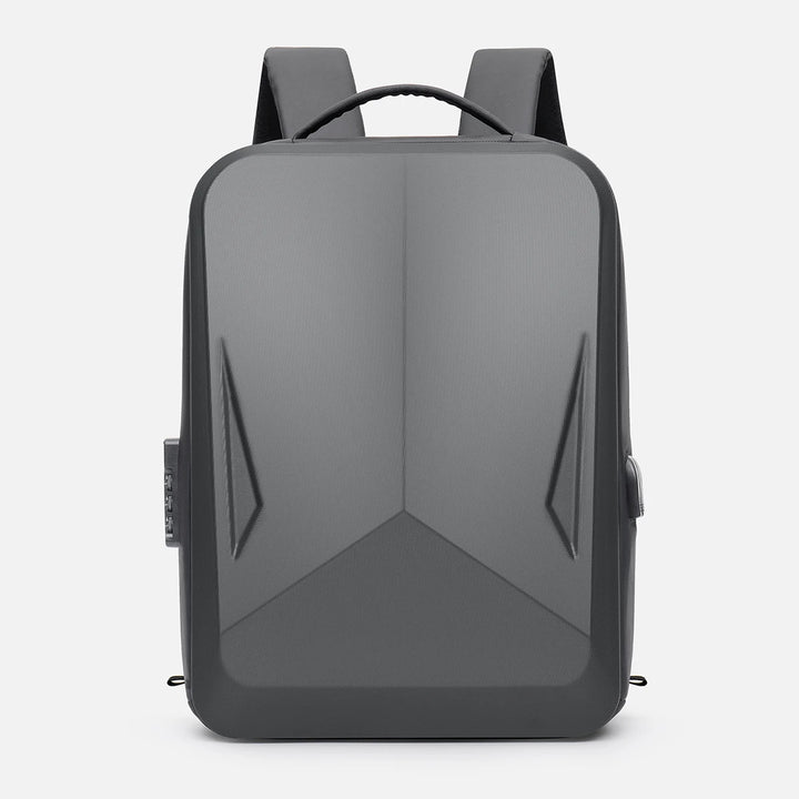 Hard shell expandable bag backpack, front view in dark gray with central corner seam