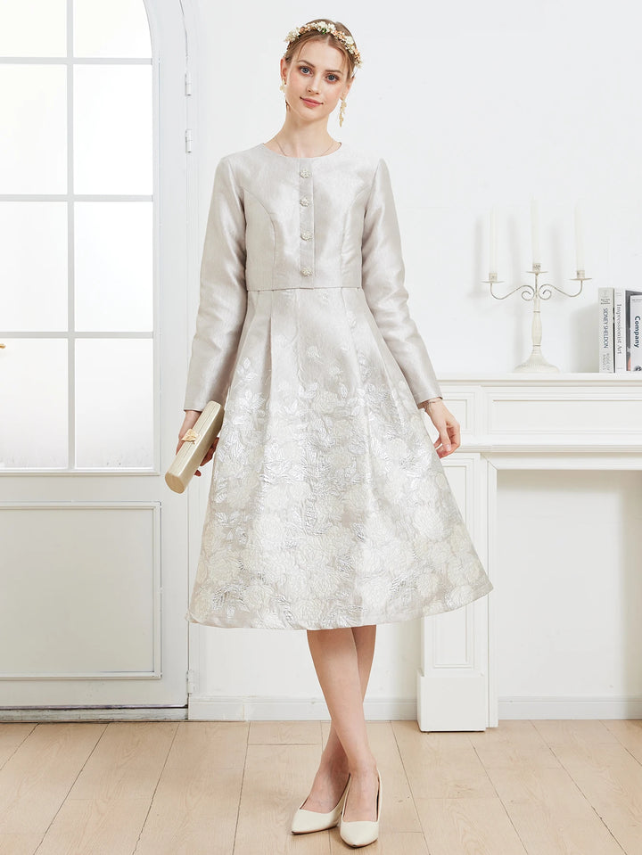 Elegant Floral Embroidery French Midi Gown