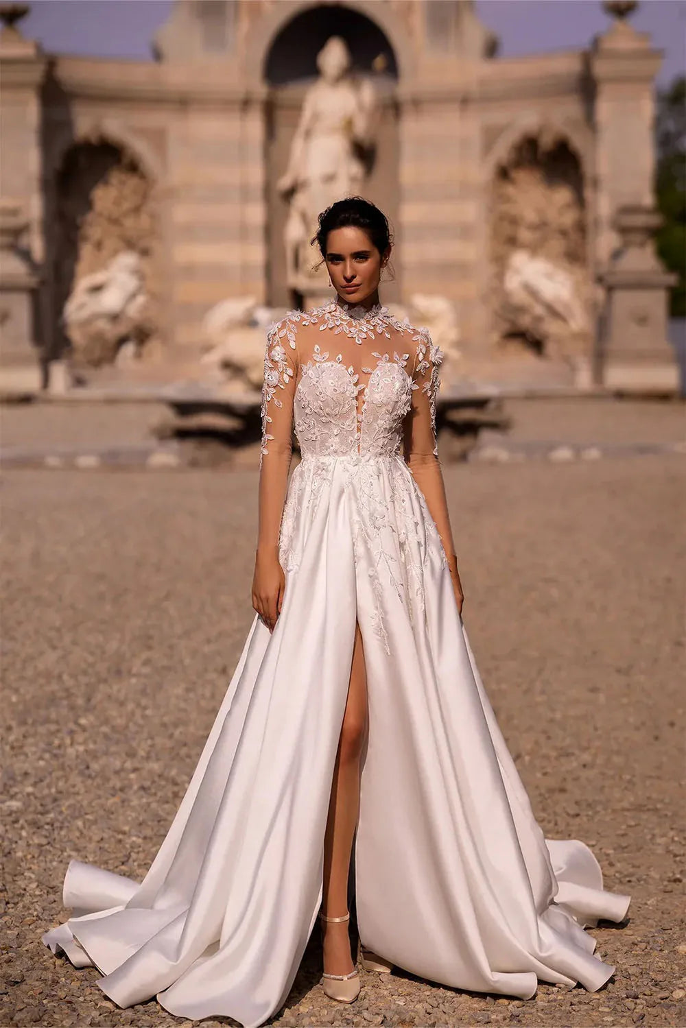Luxury High-Neck Lace Illusion Bridal Gown