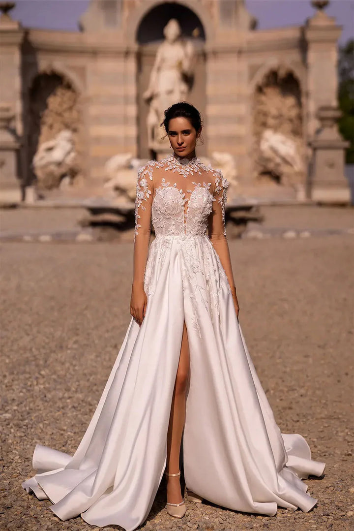 Luxury High-Neck Lace Illusion Bridal Gown