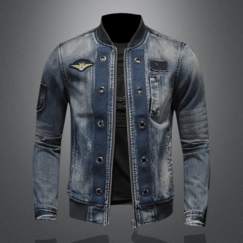 Light blue denim zip-up jacket for men with ribbed collar and front snap buttons