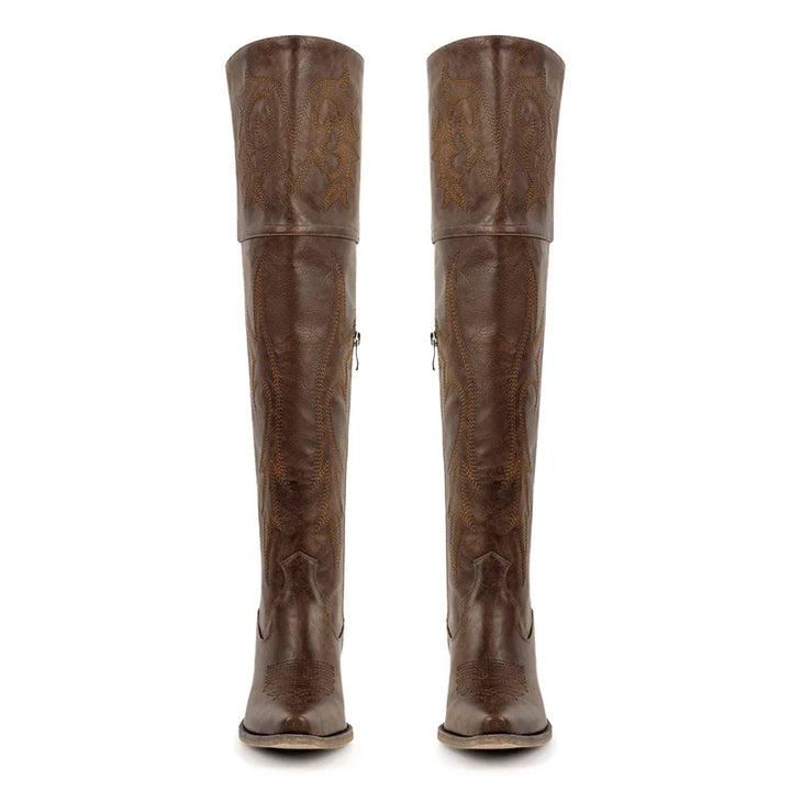 Pair of brown knee-high pointed-toe boots with block heel and side zippers