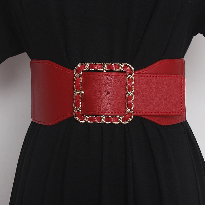 Red wide PU corset belt with chain-link square buckle