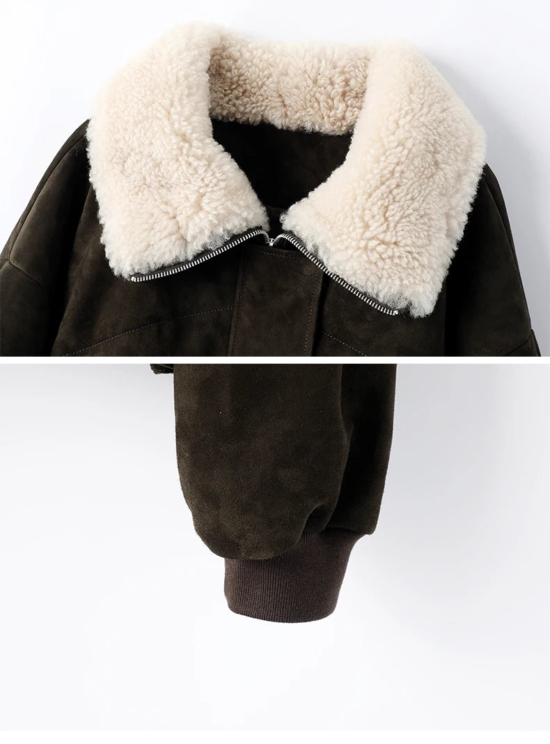 Cream sherpa-trimmed collar on dark olive suede coat with black zip