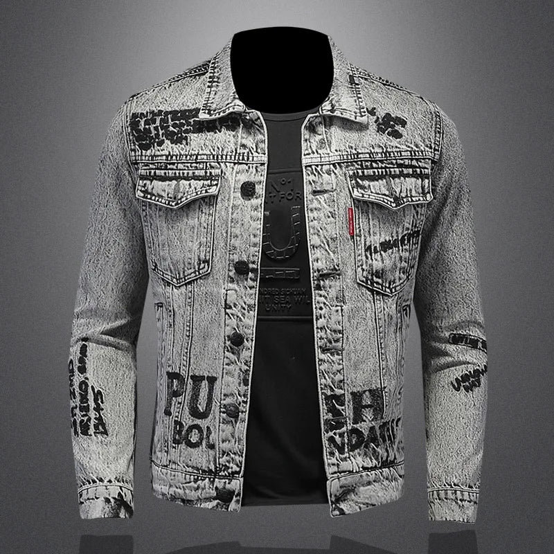 Men's light wash denim jacket with printed front and chest pockets, button-up