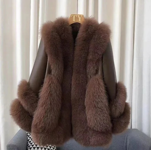 Women’s warm fur jacket, brown with open front and rounded, plush fur sleeve cuffs