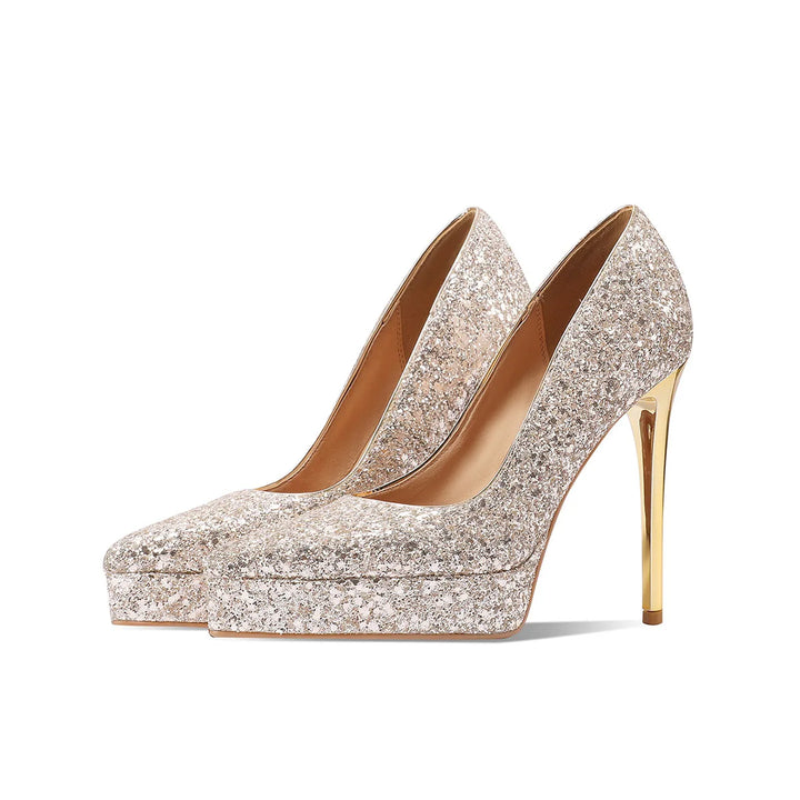 Sparkly sequin pointed heel pumps, glitter silver pair with gold-tone stiletto heels, profile view.