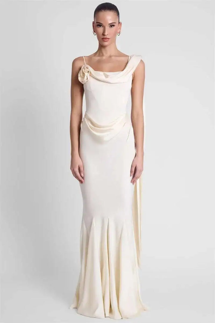 Cream satin maxi dress, cowl neckline with draped knot, fitted waist, flared skirt