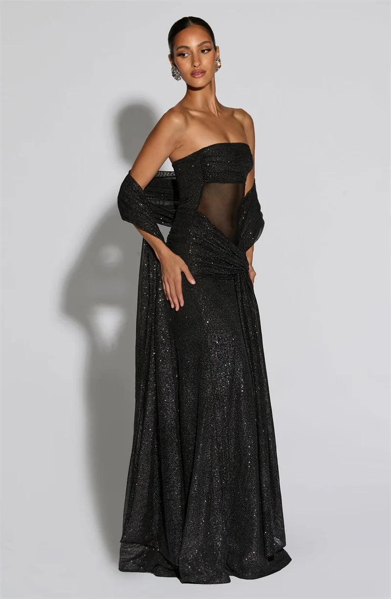 Women Elegant Off-shoulder Sparkling Maxi Dress Women Elegant Off-shoulder Sparkling Maxi Dress