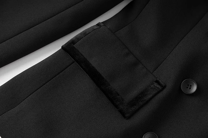 Black patchwork slim blazer, notch lapel, flap pocket and button detail