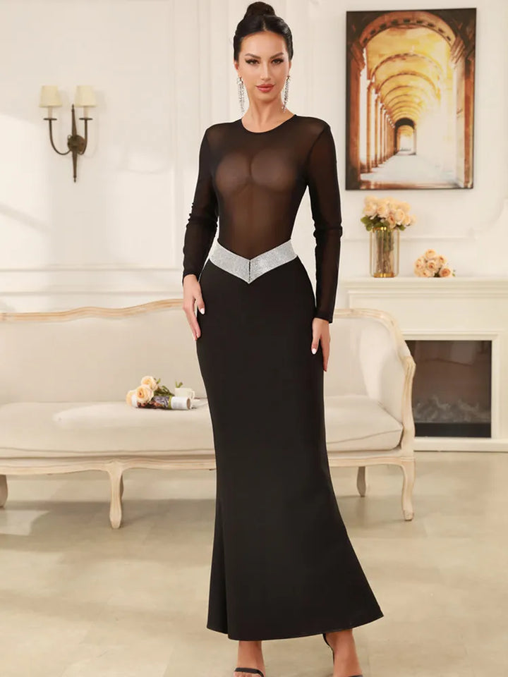 Elegant Turtleneck Mesh Black Maxi Dress
